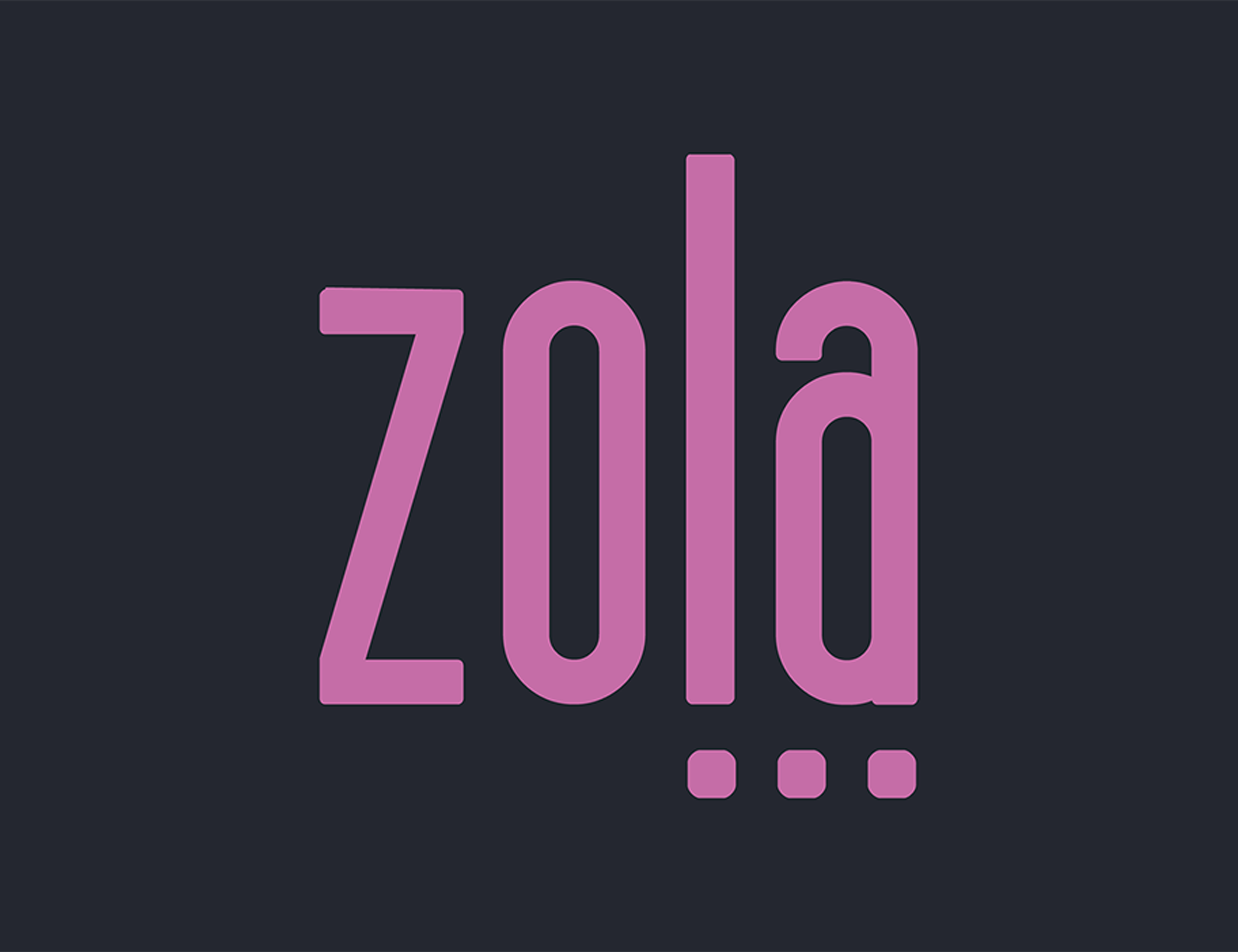 Logo for Zola (word art, purple text on black background, with 3 dots under "l" and "a")