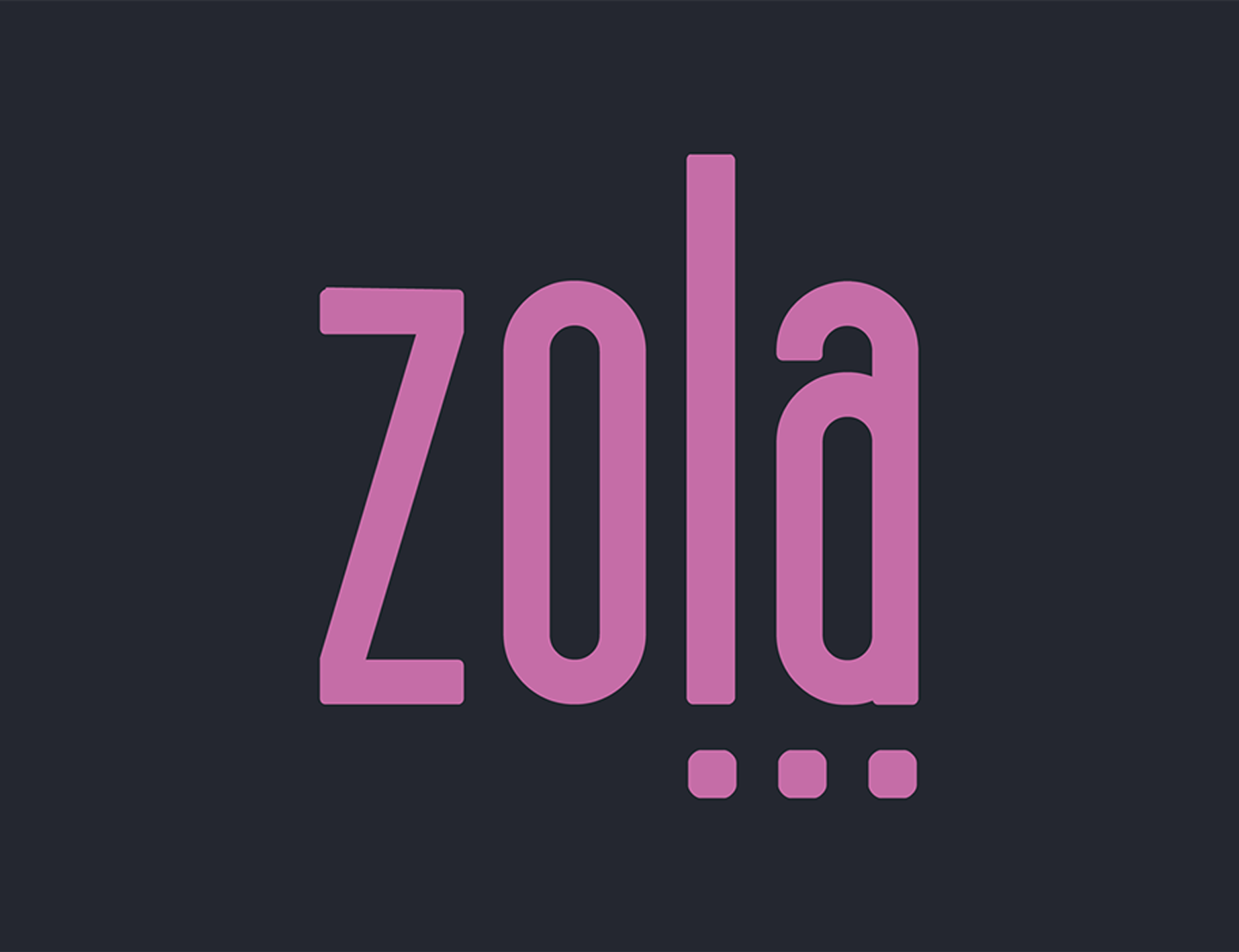 Cover Image Zola Logo for Zola (word art, purple text on black background, with 3 dots under "l" and "a")