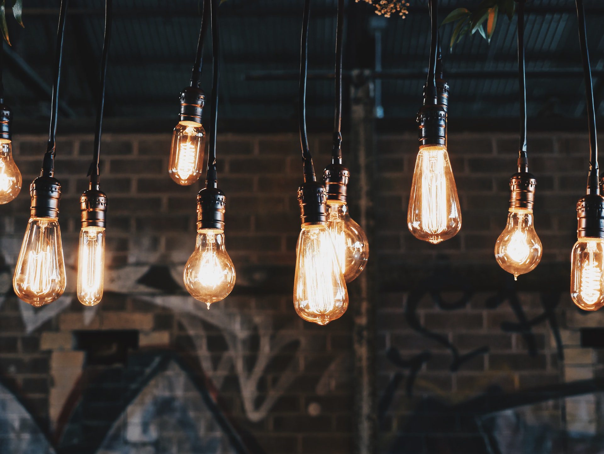 Close up of Edison lightbulbs hanging from a ceiling on a brick background