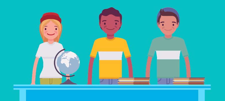sexedclassroom3 Image of 3 adolescents, standing behind a table with a globe and stacks of paper