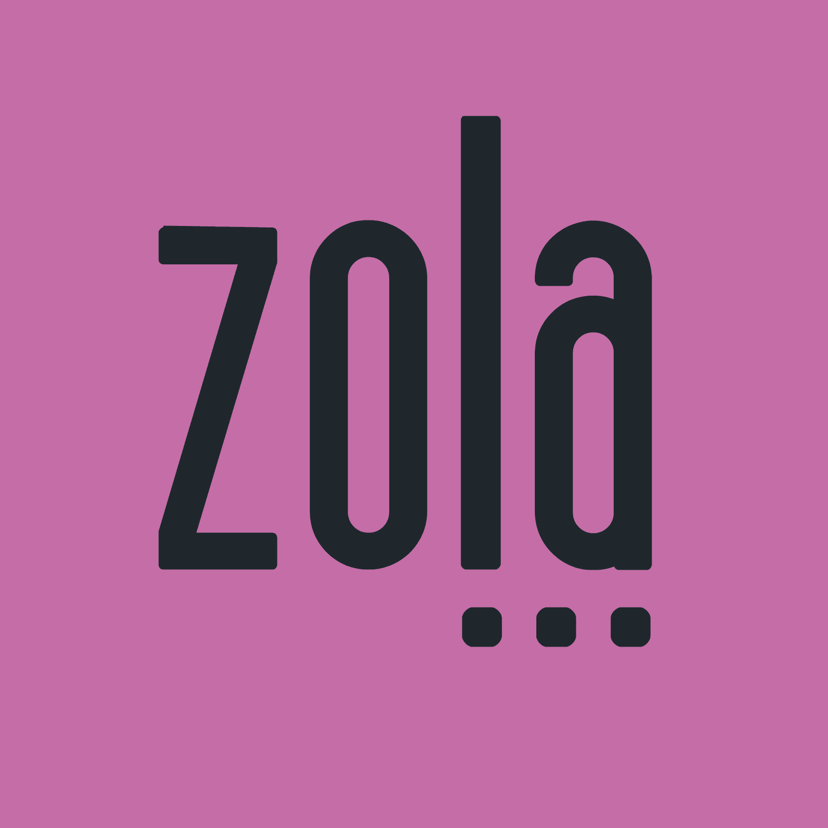 Logo for Zola (word art, black text on purple background, with 3 dots under "l" and "a")