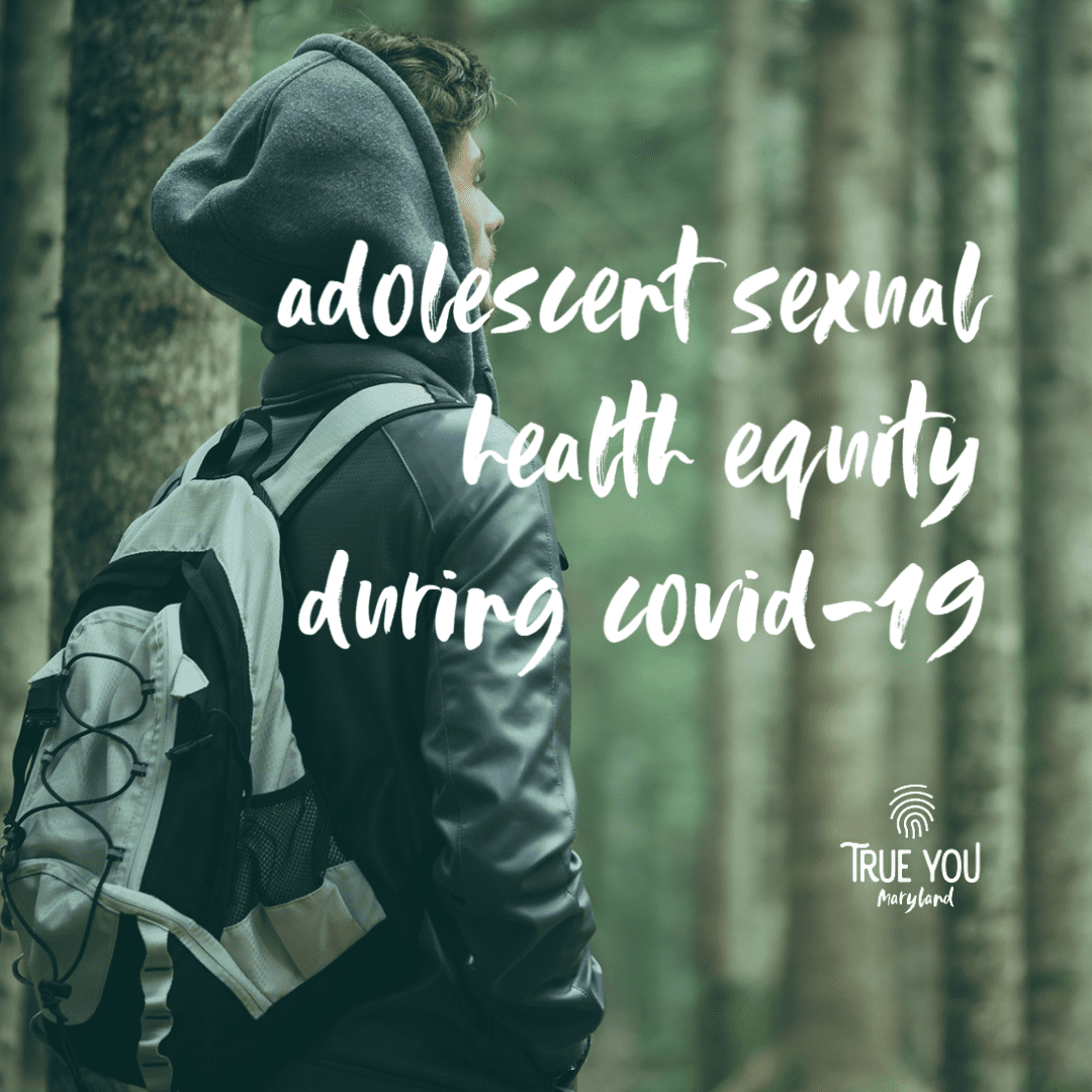 cover slide for adolescent health equity during COVID-19, white text with teal background over a picture of teen hiking