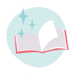 Illustration of an open book with a pink spine, gray/white pages, on an aqua circle, with 3 darker aqua stars floating above the book