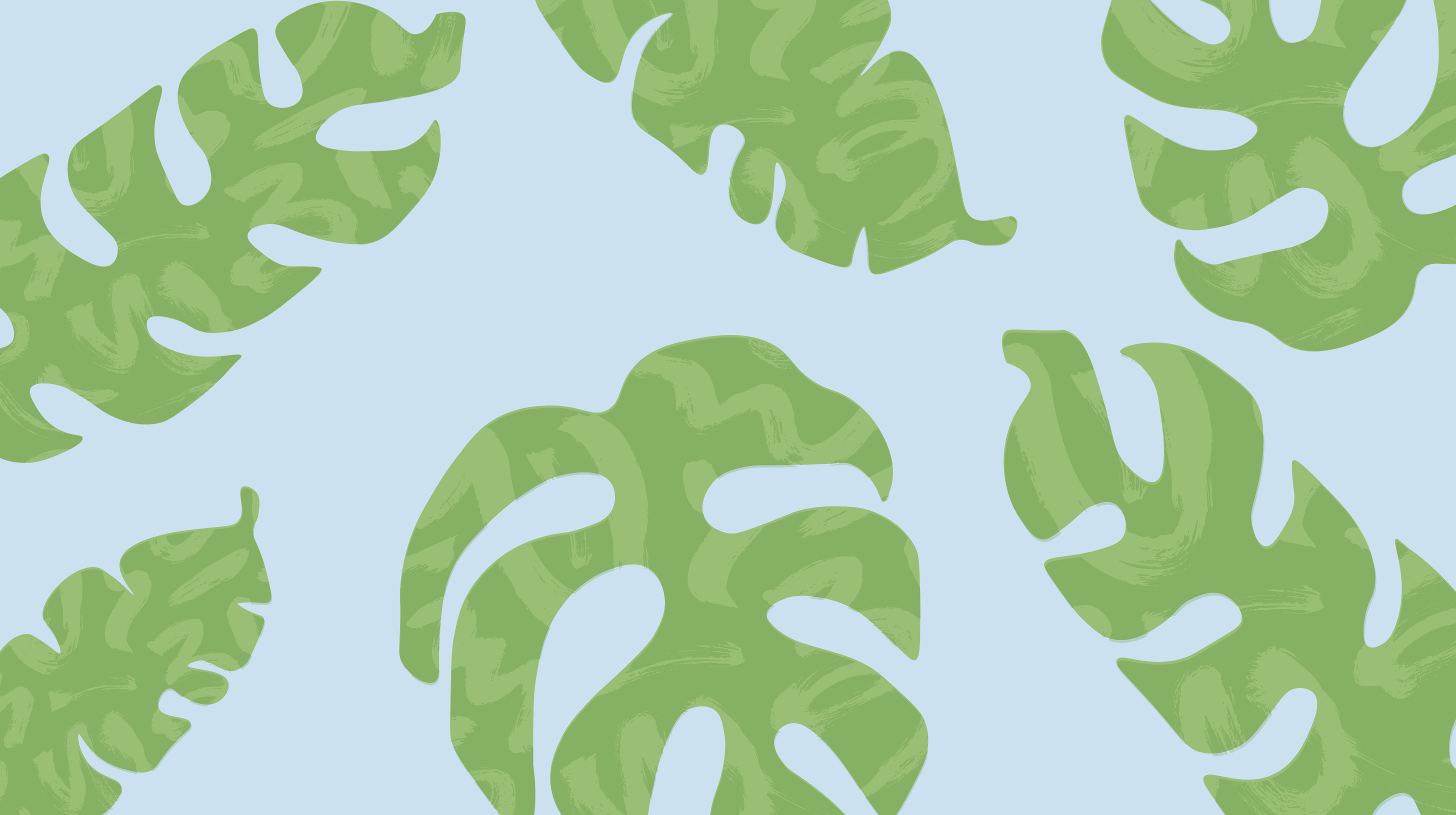 light blue background with drawn green monstera leaves