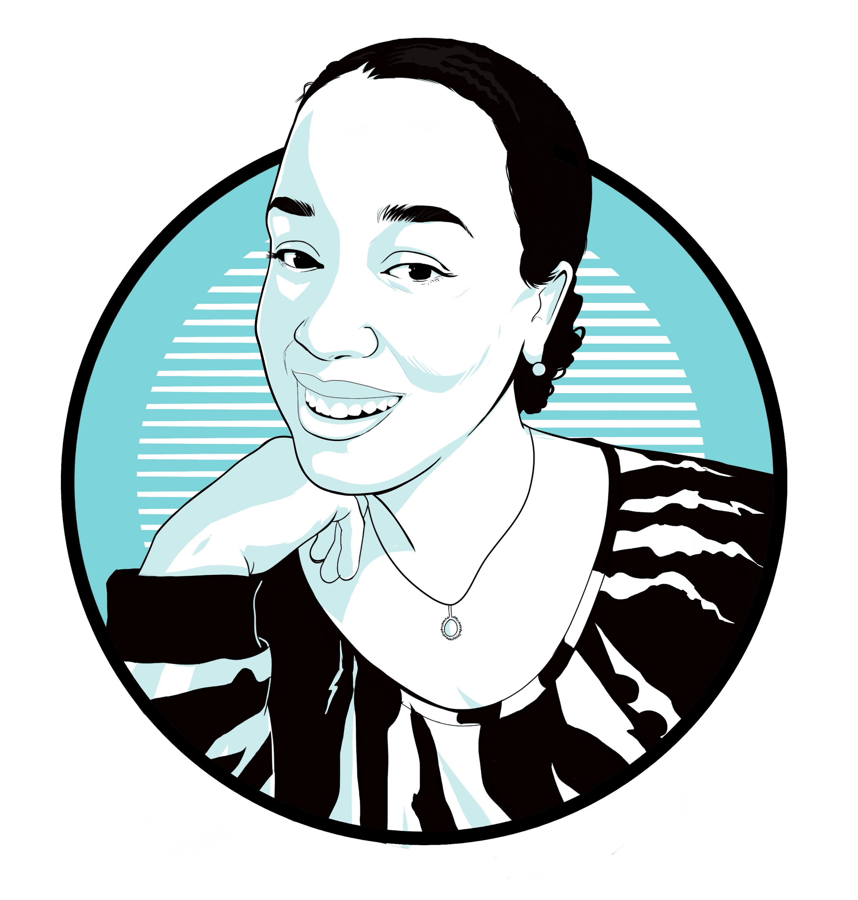 black, white, and aqua illustration of Monique Davis